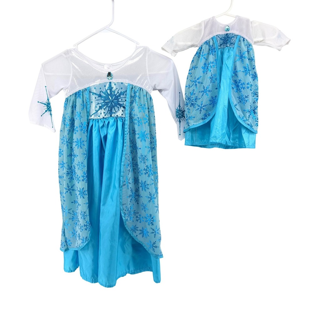 Little Adventures Ice Queen Dress with Matching Doll Outfit Blue White 3-5 Years